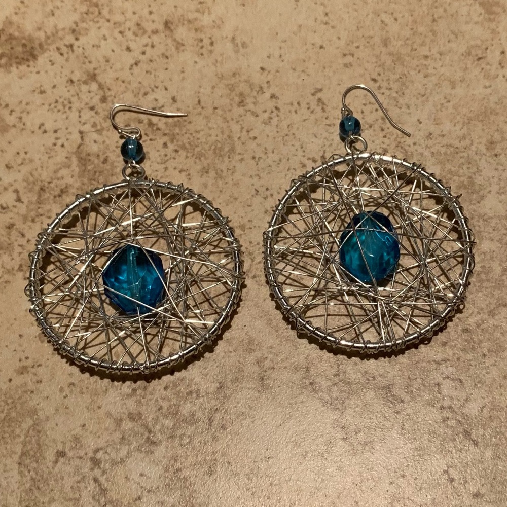 Silver Hoop Dreamcatcher Earrings With Blue Stones